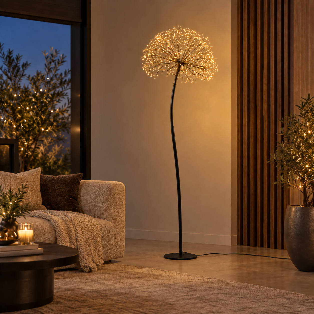 Decoro Tarassaco Rich Nero EDG Enzo De Gasperi H 210 cm con 1200 MicroLED a luce calda ambientato in living