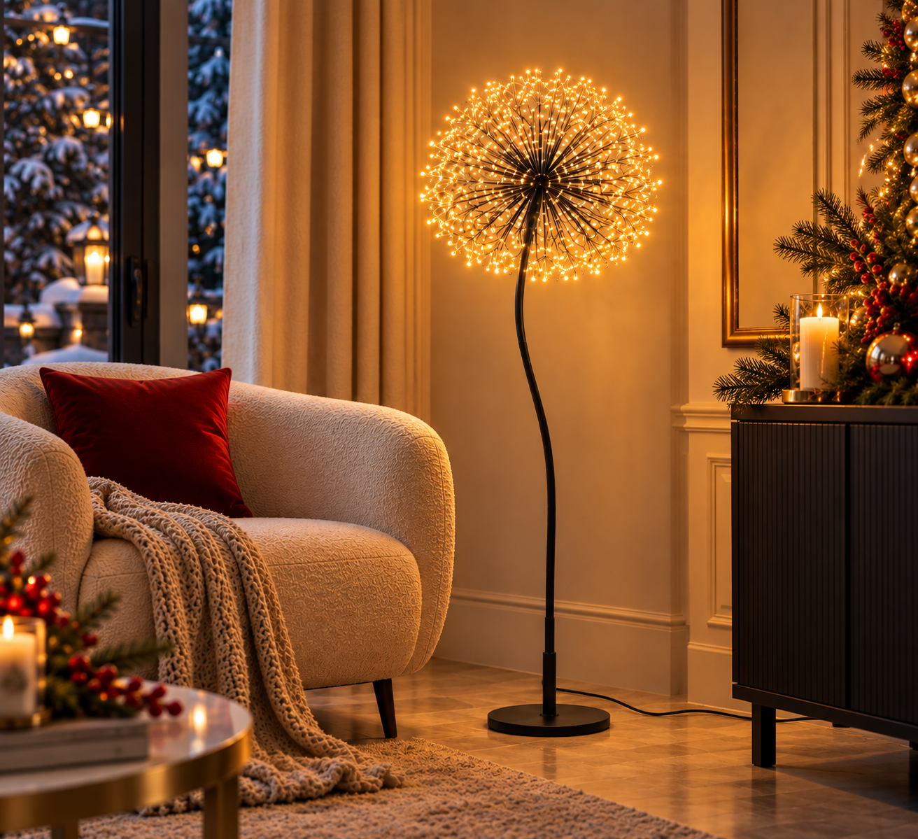 Decoro Tarassaco Rich Nero EDG Enzo De Gasperi H 120 cm con 384 MicroLED a luce calda ambientato in elegante salotto natalizio