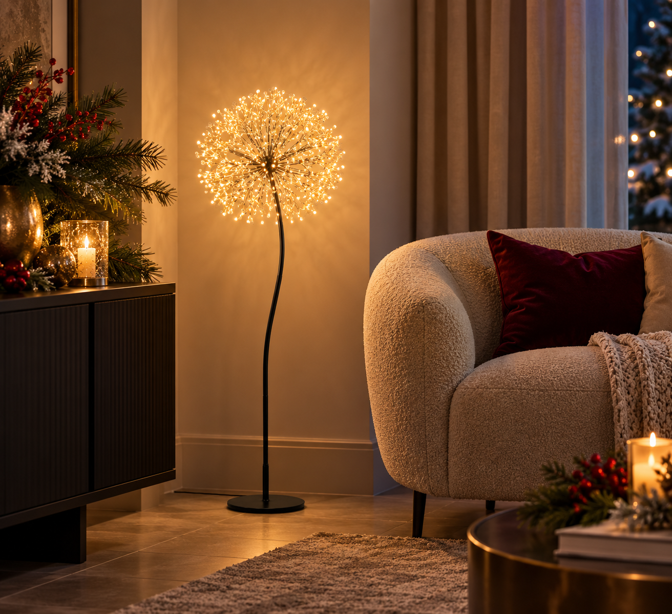 Decoro Tarassaco Rich Nero EDG Enzo De Gasperi H 90 cm con 240 MicroLED a luce calda ambientato 