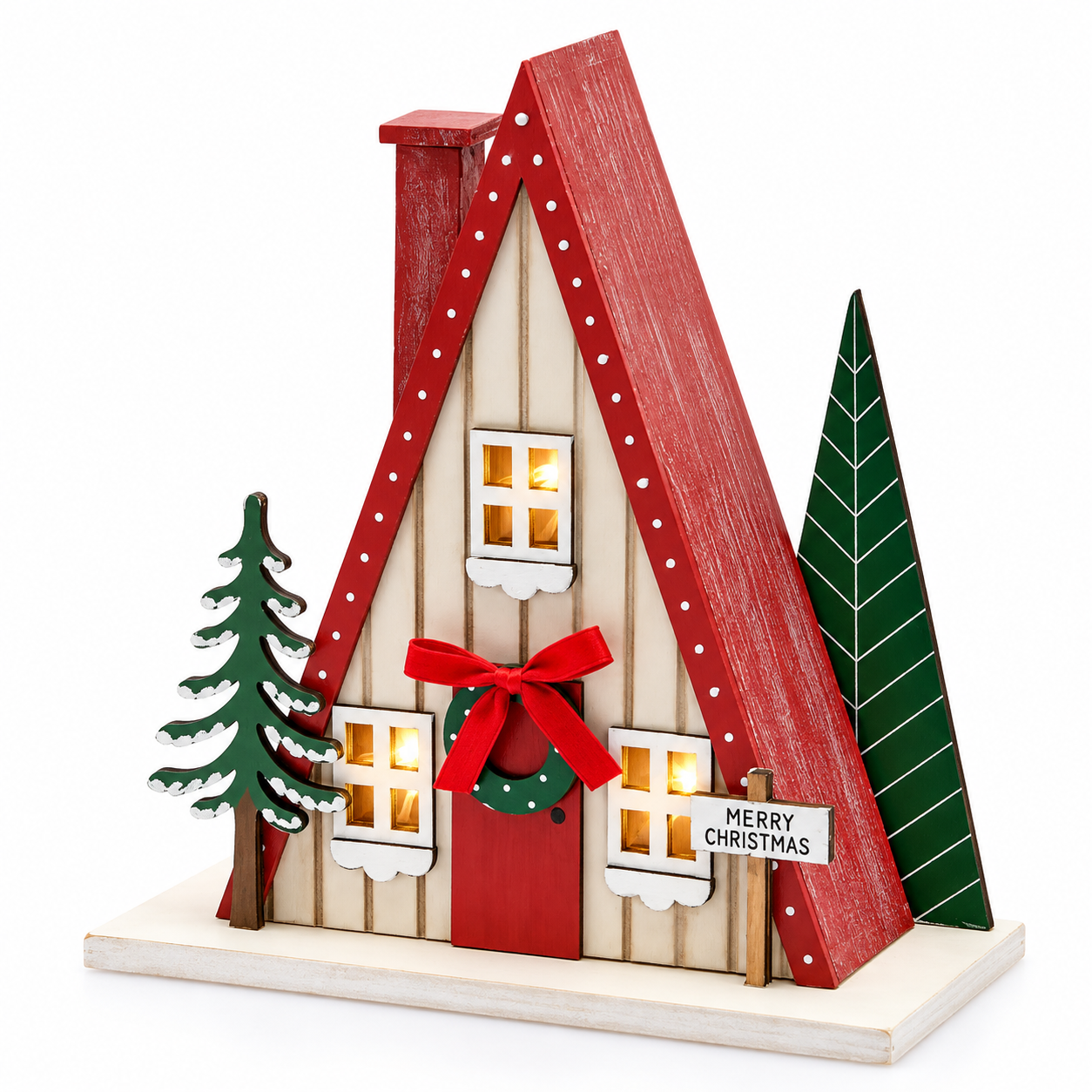 Diorama casetta natalizia LED in legno EDG Enzo De Gasperi Exclusive H24 cm, chalet con tetto rosso spiovente, porta con ghirlanda, alberelli e finestre illuminate.