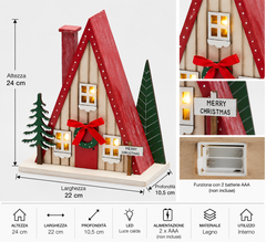 Diorama natalizio LED EDG Exclusive in legno con tetto rosso e finestre illuminate, altezza 24 cm, larghezza 22 cm e profondità 10,5 cm, con specifiche indicate.