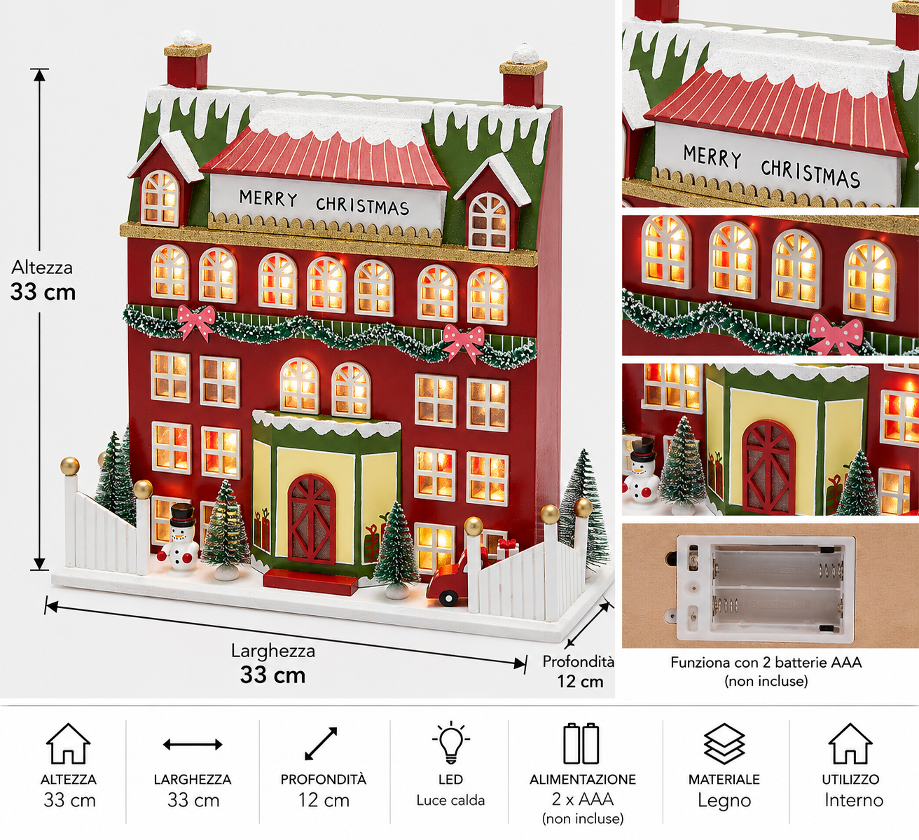 Diorama casetta natalizia luminosa LED EDG Exclusive in legno, dimensioni altezza 33 cm, larghezza 33 cm e profondità 12 cm.