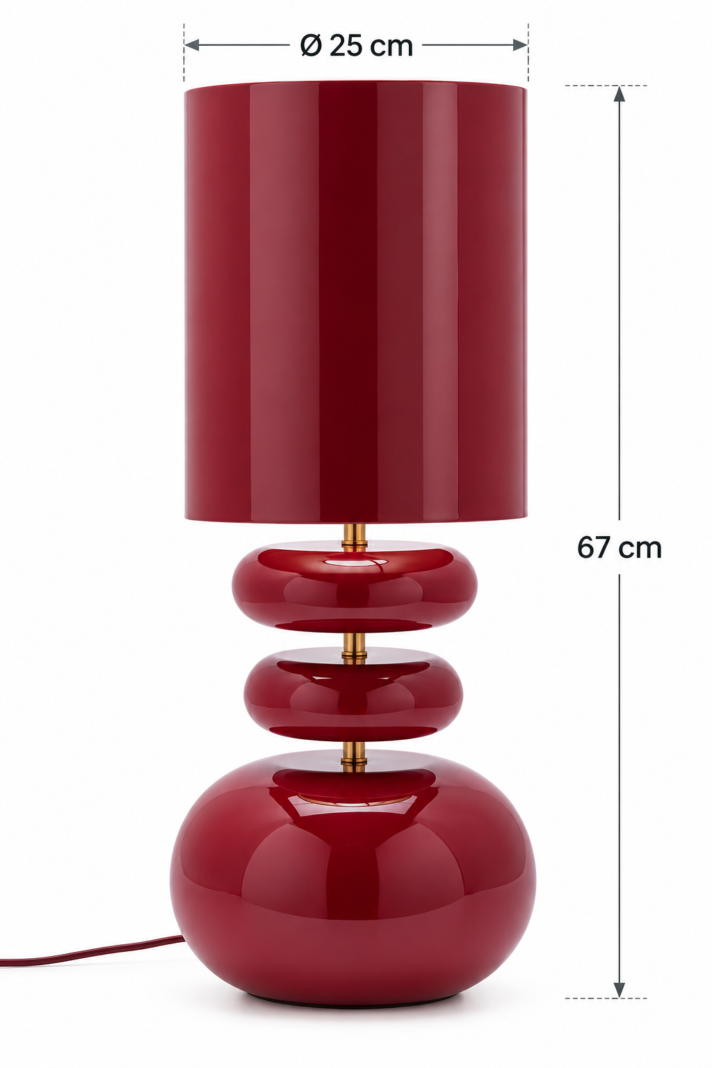 Lampada da Tavolo Strati Bordeaux EDG Enzo De Gasperi H 67 × Ø 25 cm con indicazione delle misure