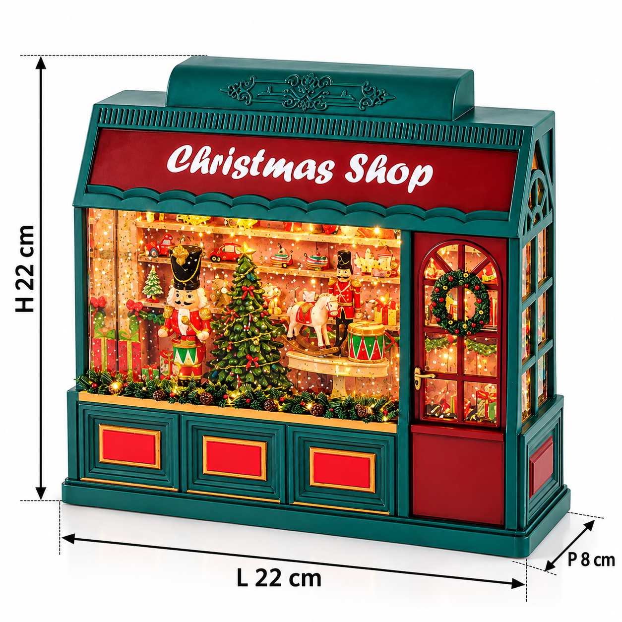 Negozio Natalizio Christmas Shop EDG con musica, movimento e illuminazione LED, dimensioni altezza 22 cm, larghezza 22 cm e profondità 8 cm.
