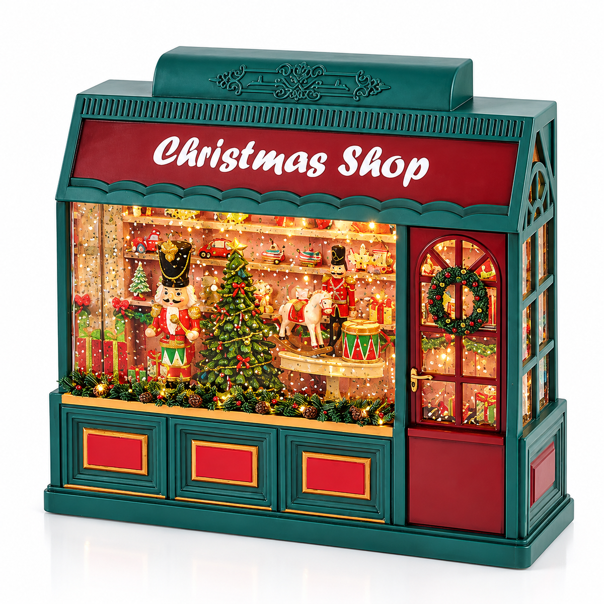 Negozio Natalizio Christmas Shop EDG Enzo De Gasperi H22 cm con vetrina trasparente, albero di Natale, soldatini, pacchi regalo, musica, movimento e LED.