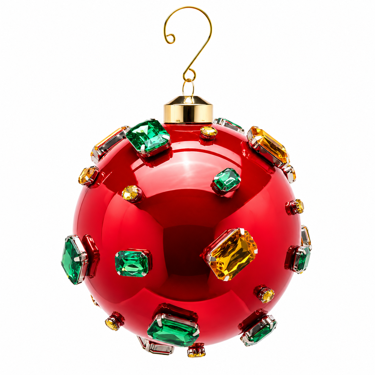 Palla di Natale Super Gemme Rossa Ø 12 cm in vetro con gemme verdi oro e ambra – EDG Enzo De Gasperi