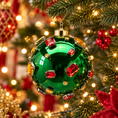 Palla di Natale Super Gemme Verde Ø 12 cm EDG Enzo De Gasperi ambientata su albero di Natale con luci calde