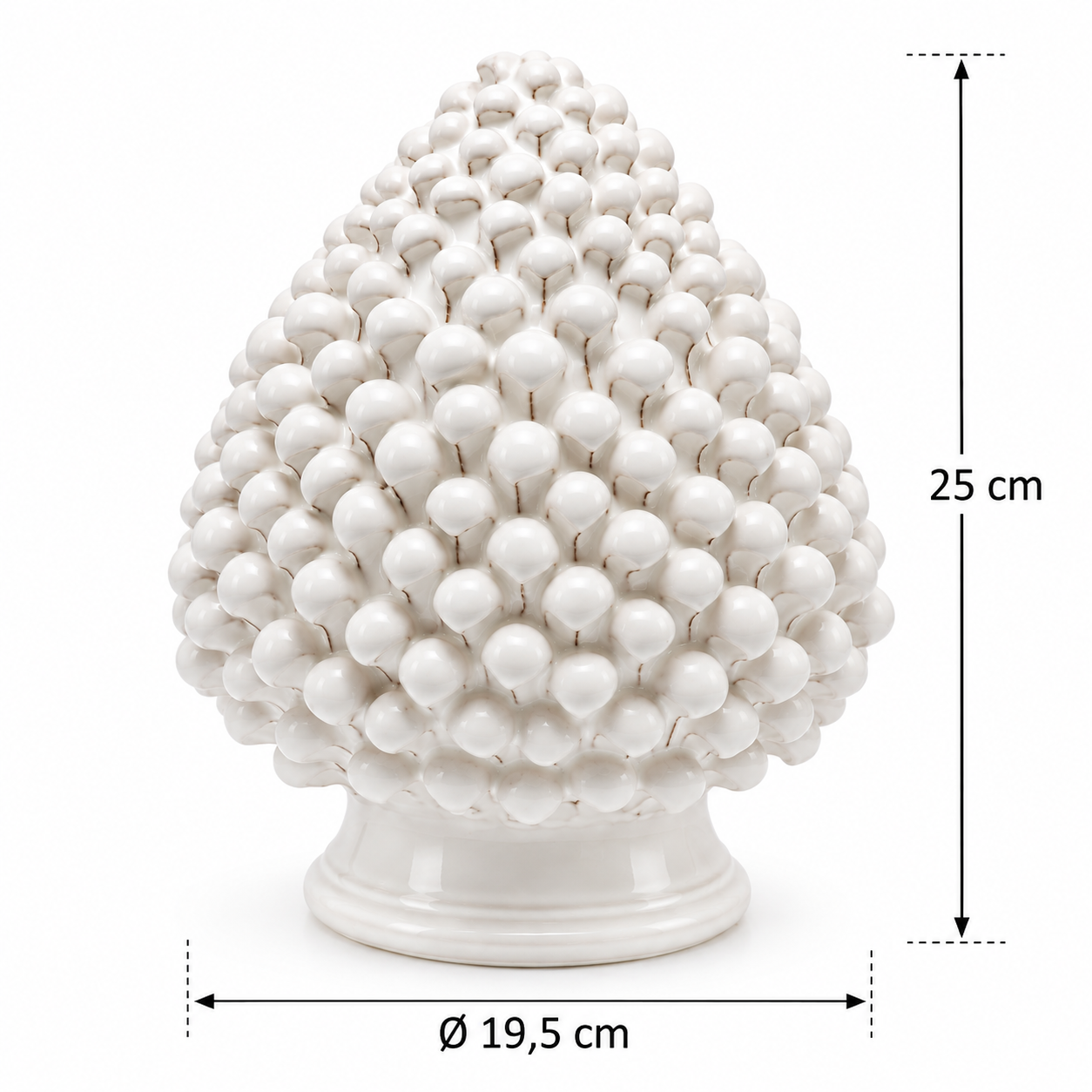 Pigna ornamentale in ceramica bianca EDG Enzo De Gasperi con altezza 25 cm e diametro 19,5 cm, decorazione da interno con misure indicate.