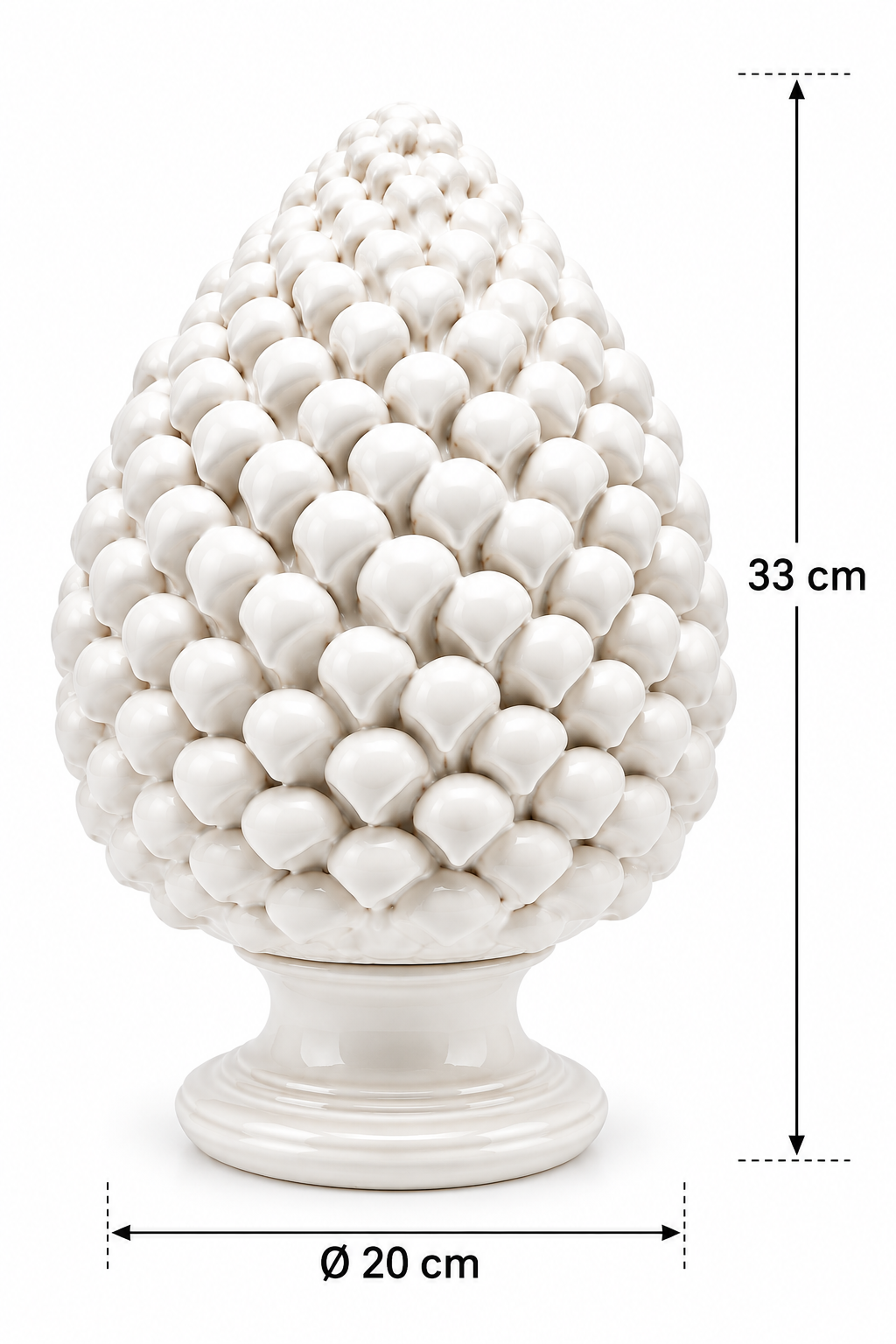 Pigna ornamentale in ceramica bianca EDG Enzo De Gasperi, altezza 33 cm e diametro 20 cm misure indicate.