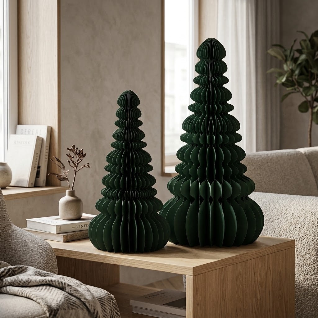 Alberi di Natale decorativi Pino Origami New Verde EDG Enzo De Gasperi, alto 50 e 70 cm, ambientati.