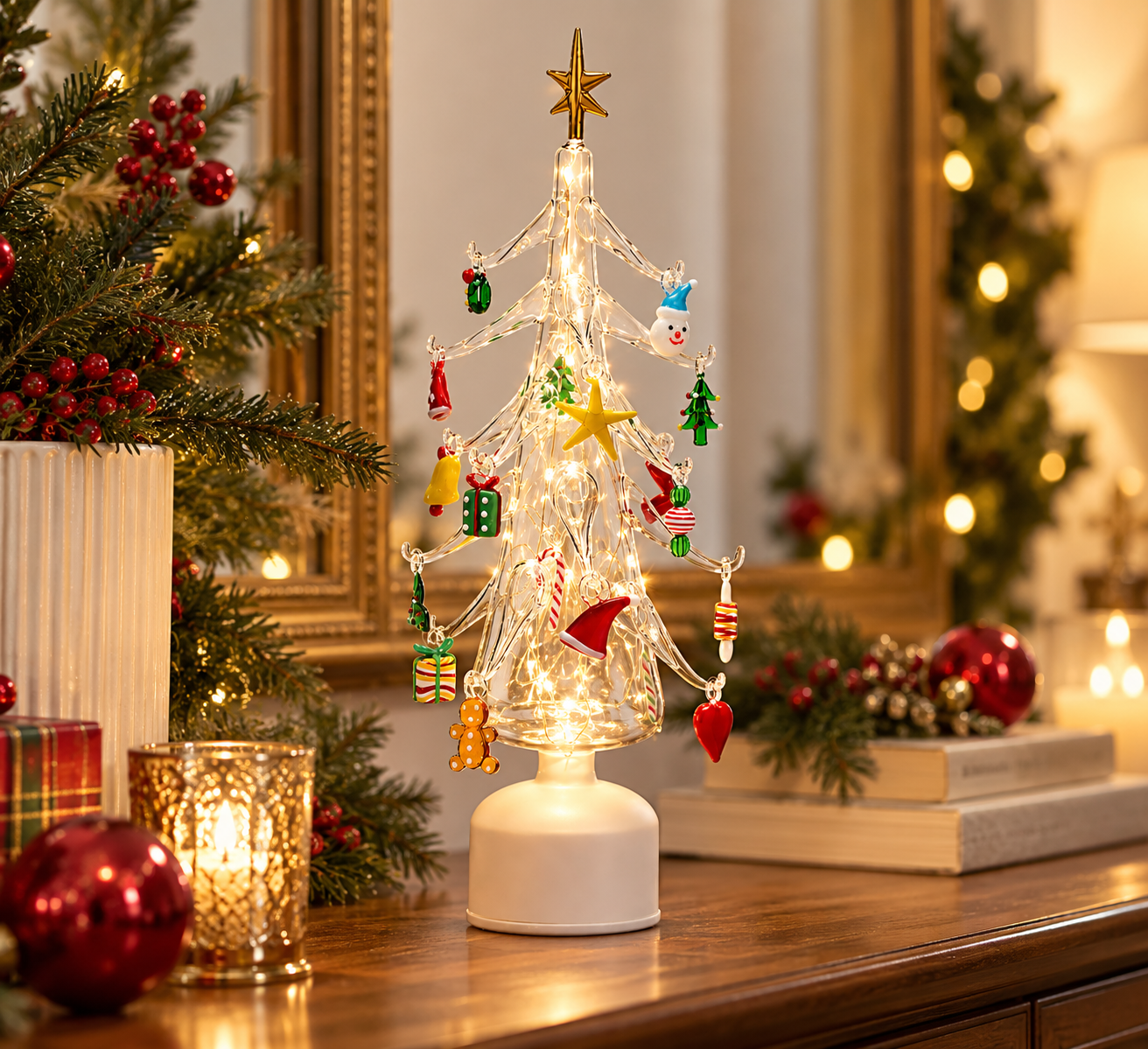 Pino Twist natalizio in vetro EDG H45 cm con decori multicolor e luci LED, ambientato su una consolle decorata per Natale in un elegante soggiorno.