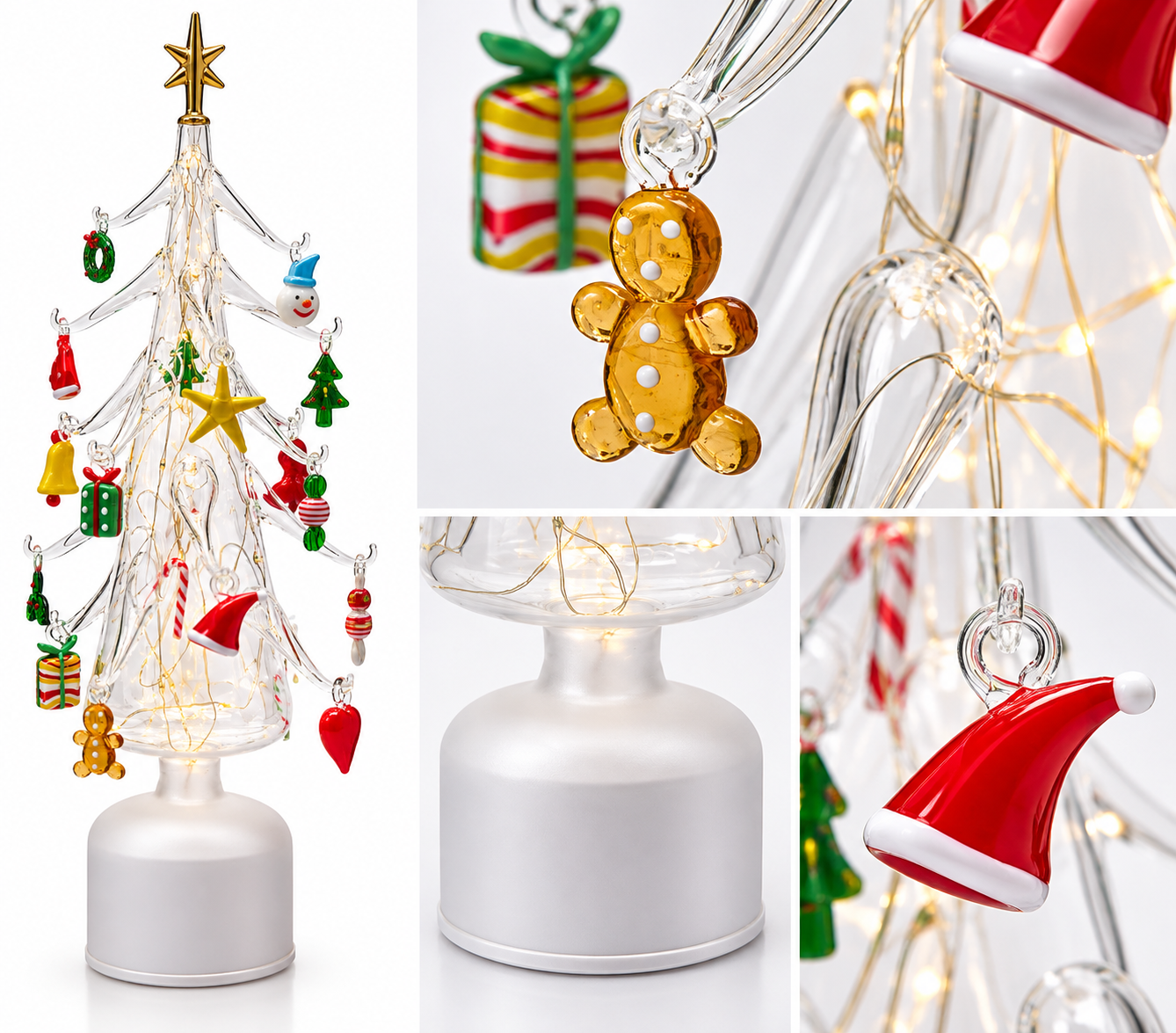 Albero di Natale Pino Twist EDG in vetro trasparente con piccoli addobbi multicolor, LED e movimento, altezza 45 cm e diametro 9 cm 