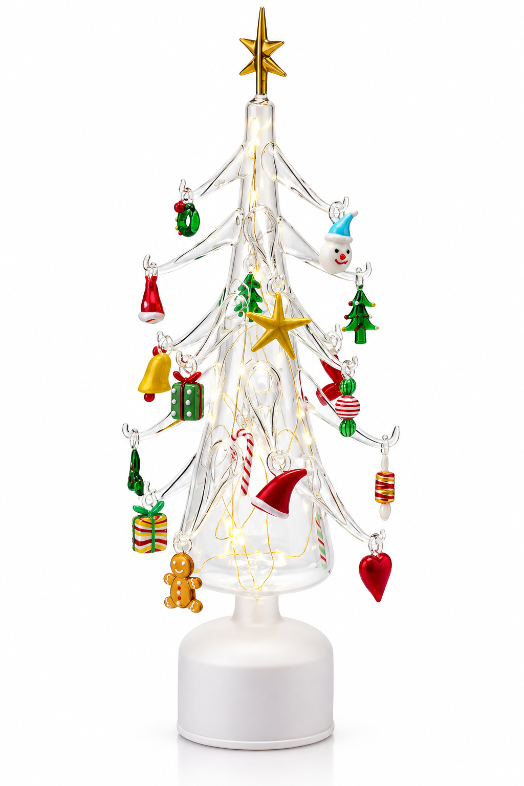 Pino Twist natalizio EDG Enzo De Gasperi H45 cm in vetro trasparente con decori multicolor, stella dorata, illuminazione LED e movimento.