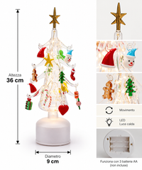 Pino Twist natalizio EDG Enzo De Gasperi in vetro trasparente con decori multicolor, luci LED e movimento, altezza 36 cm e diametro 9 cm, con specifiche indicate.