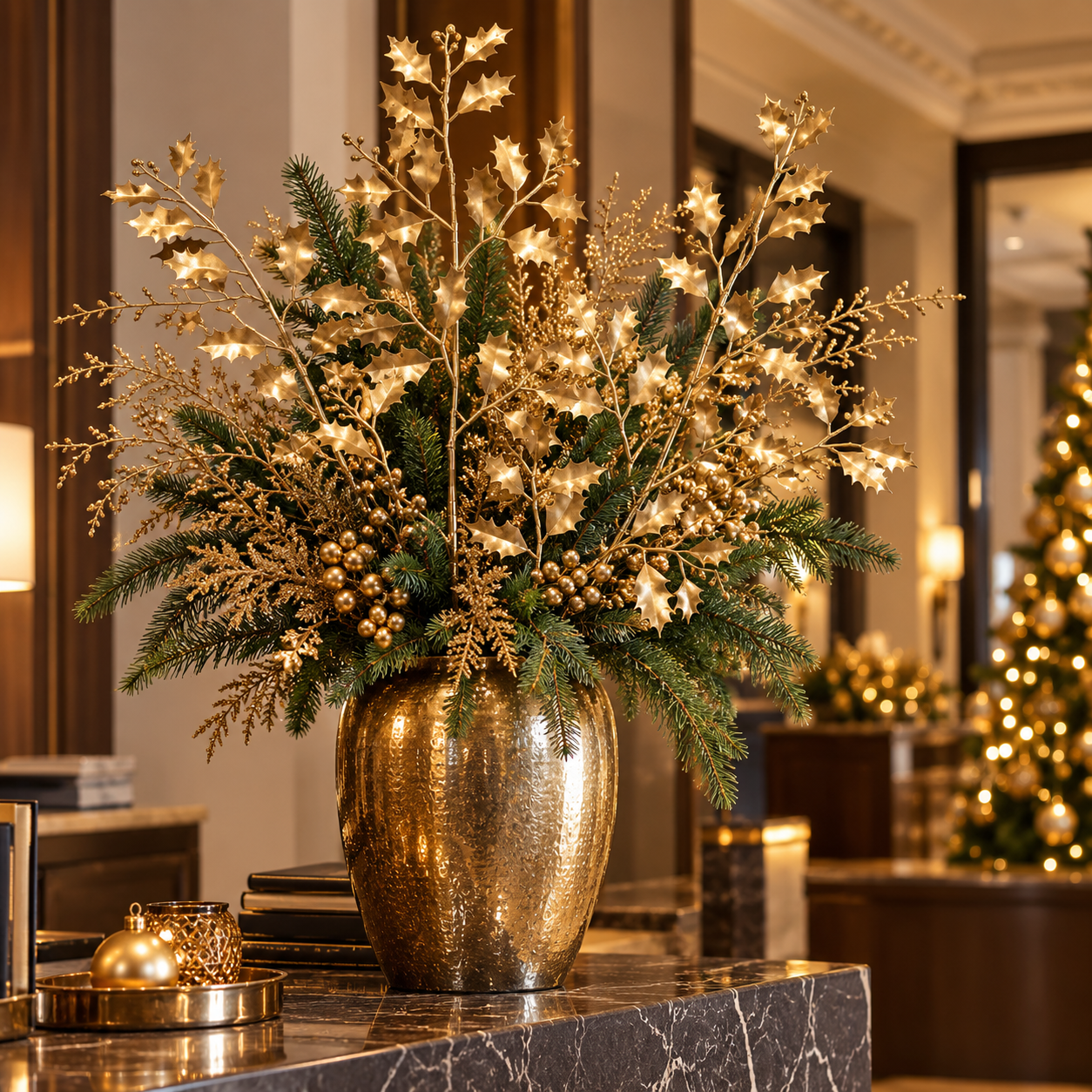 Ramo Artificiale Agrifoglio Oro H 70 cm ambientato in elegante composizione natalizia dorata