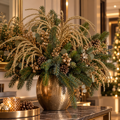 Ramo Spiga Glitter Oro EDG Enzo De Gasperi H 60 cm ambientato in elegante composizione natalizia con rami di abete