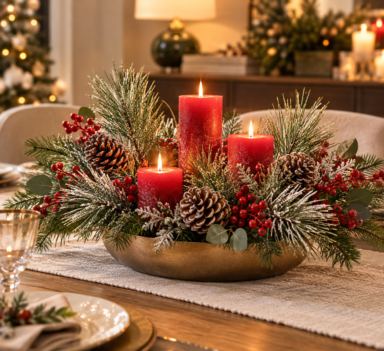Rami artificiali di pino innevato con pigne H36 cm in una composizione centrotavola natalizia con candele rosse, bacche decorative e verde invernale su tavola elegante.