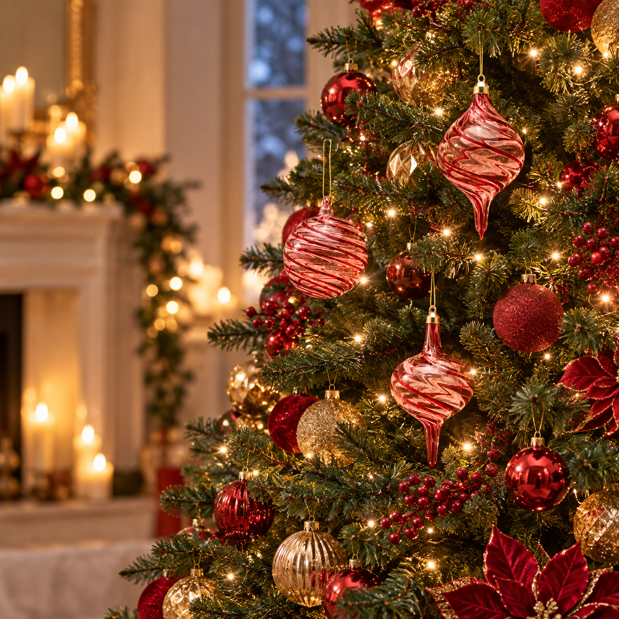 Set 3 Addobbi Vortex EDG Enzo De Gasperi in vetro rosso ambientati su albero di Natale elegante