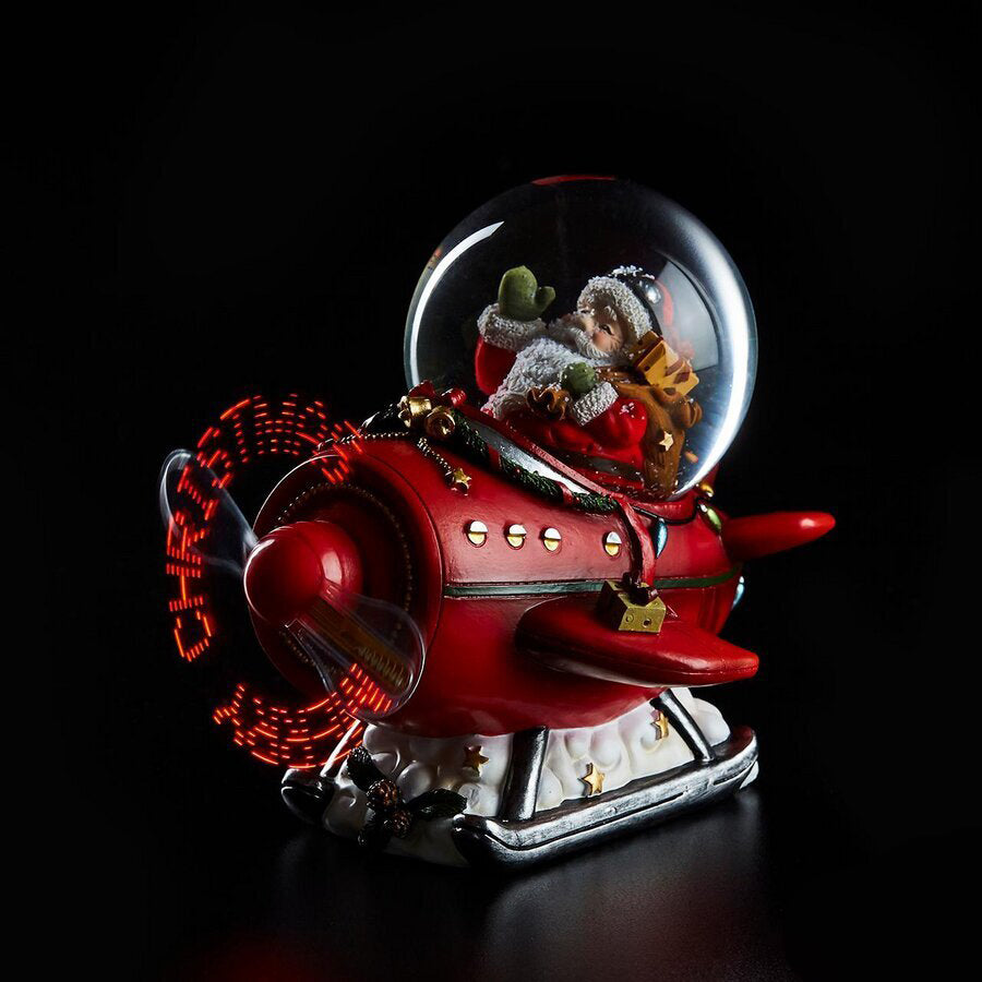 Sfera acqua natalizia Babbo Natale su aereo rosso con LED e movimento EDG Enzo De Gasperi