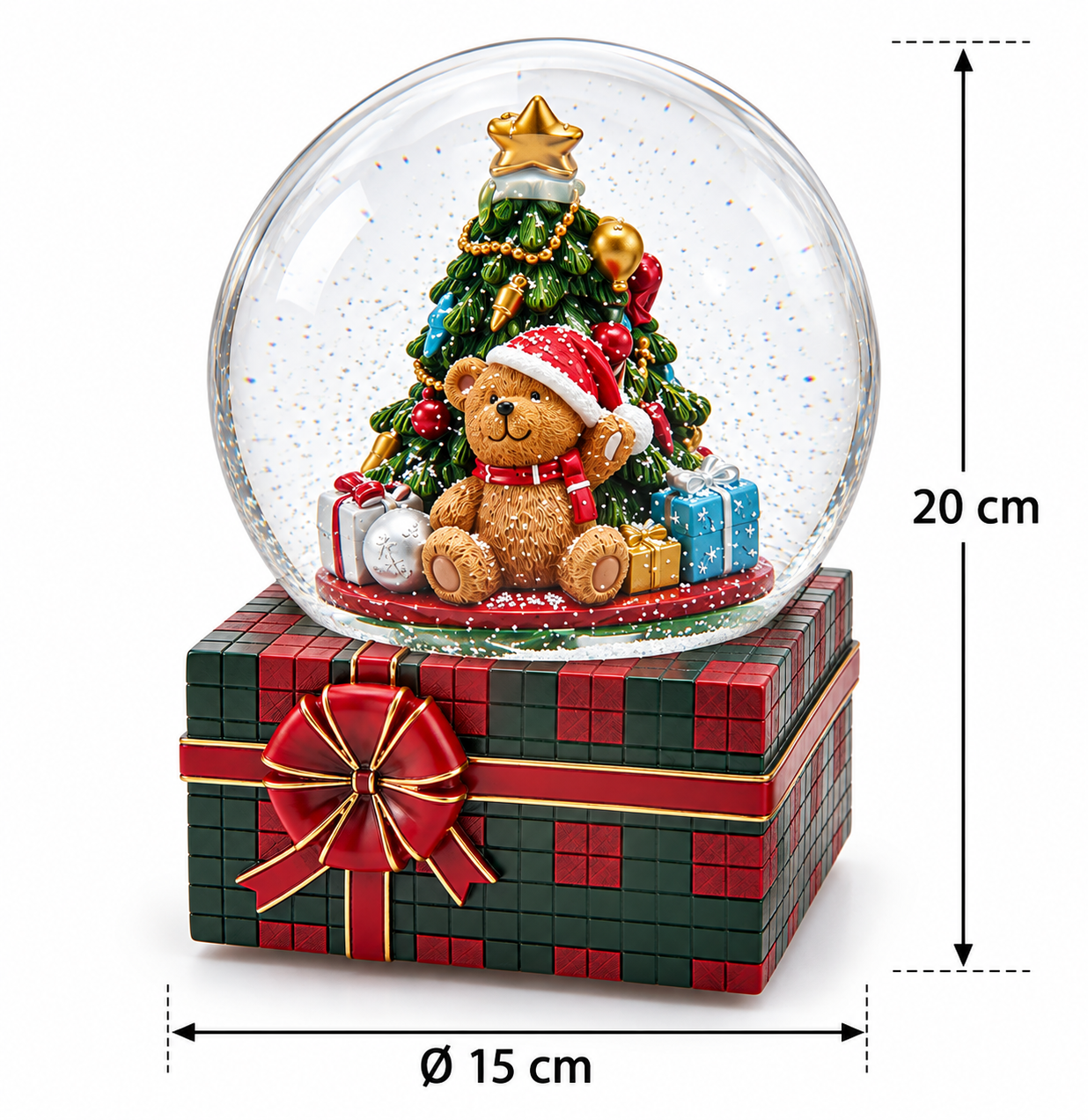 Sfera di neve natalizia musicale EDG con albero e orsacchiotto, altezza 20 cm e diametro 15 cm, base a pacco regalo tartan con misure indicate.