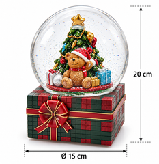 Sfera di neve natalizia musicale EDG con albero e orsacchiotto, altezza 20 cm e diametro 15 cm, base a pacco regalo tartan con misure indicate.