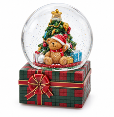 Sfera acqua natalizia EDG Enzo De Gasperi H20 Ø15 cm con albero di Natale, orsacchiotto con cappello di Babbo Natale e regali, base a pacco regalo tartan rosso e verde.