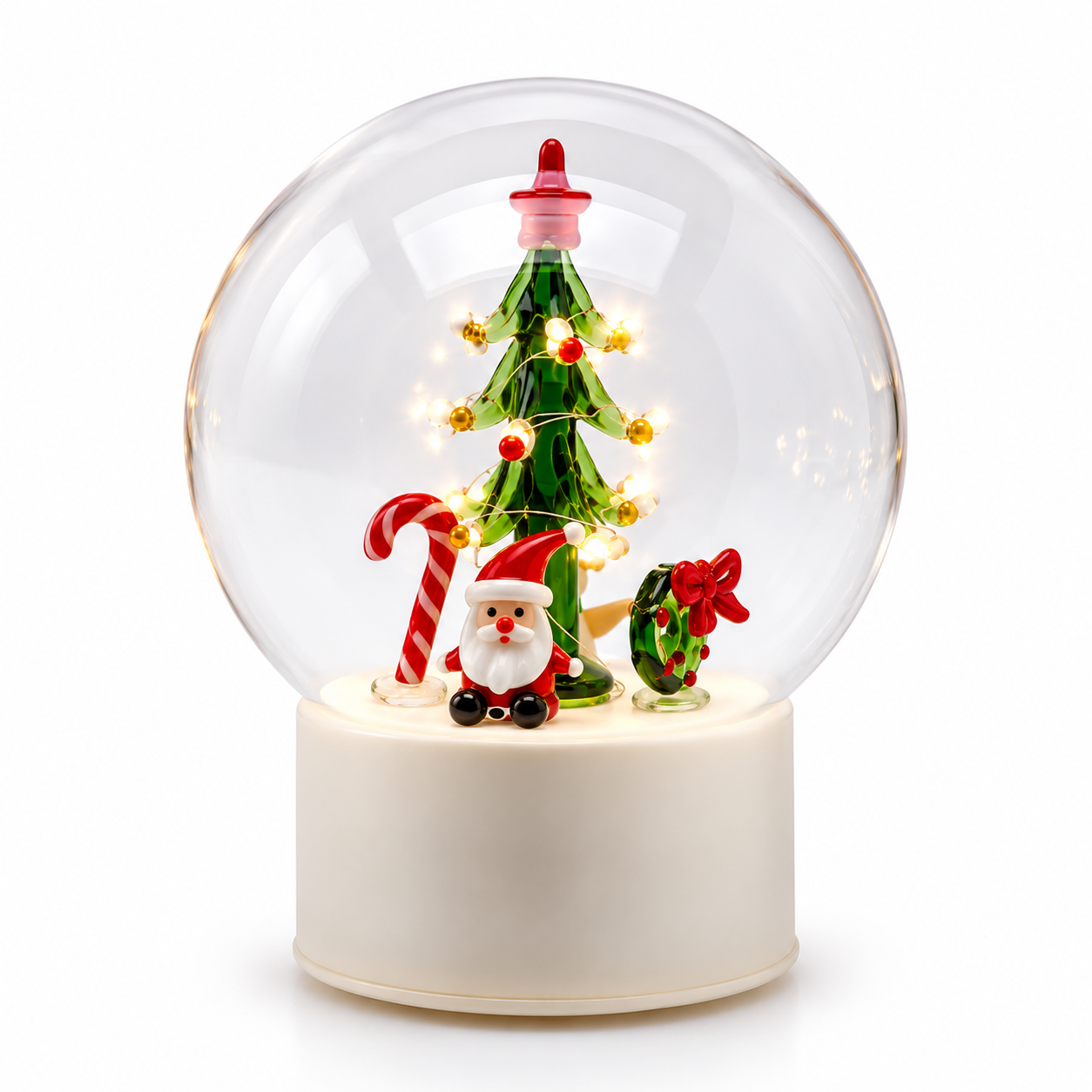 Sfera Twist natalizia in vetro EDG Enzo De Gasperi H18 cm con albero di Natale verde illuminato, Babbo Natale e dettagli multicolor, LED e movimento.