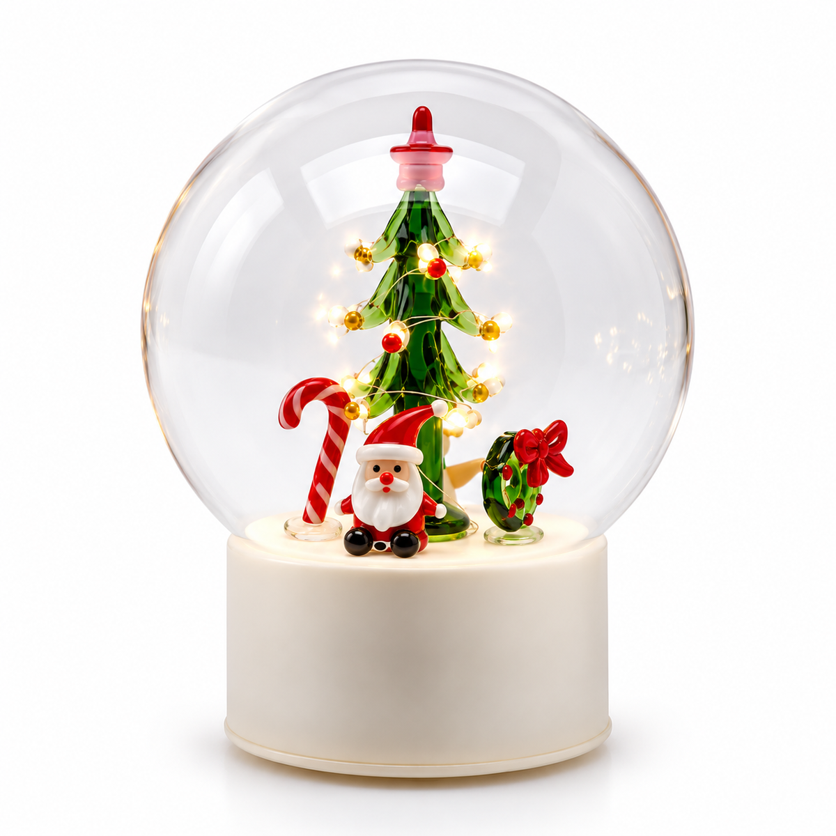 Sfera Twist natalizia in vetro EDG Enzo De Gasperi H18 cm con albero di Natale verde illuminato, Babbo Natale e dettagli multicolor, LED e movimento.