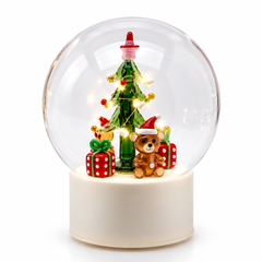 Sfera Twist natalizia in vetro EDG Enzo De Gasperi H18 cm con albero di Natale verde illuminato, orsacchiotto e pacchi regalo colorati, LED e movimento.