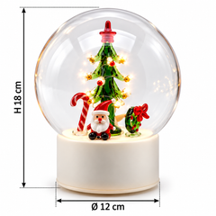 Sfera Twist natalizia EDG in vetro trasparente con albero di Natale e Babbo Natale, illuminazione LED e movimento, altezza 18 cm e diametro 12 cm.