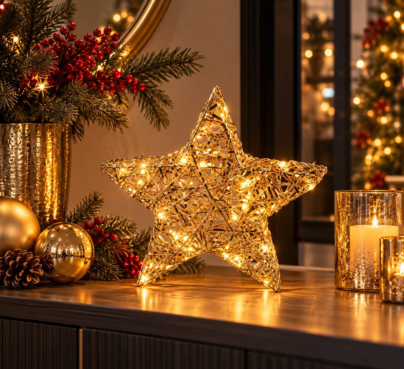 Stella LED Stripes Oro Ø 30 cm EDG Enzo De Gasperi ambientata con decorazioni natalizie e MicroLED a luce calda