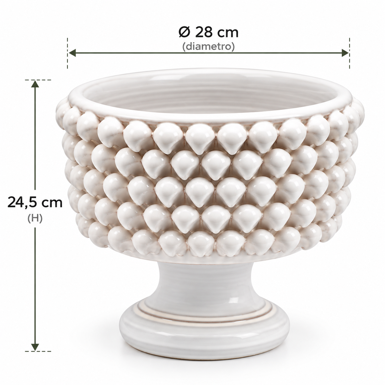 Vaso Ciotola Fenice Pigna con piede EDG Enzo De Gasperi in ceramica bianca, dimensioni H 24,5 × Ø 28 cm.