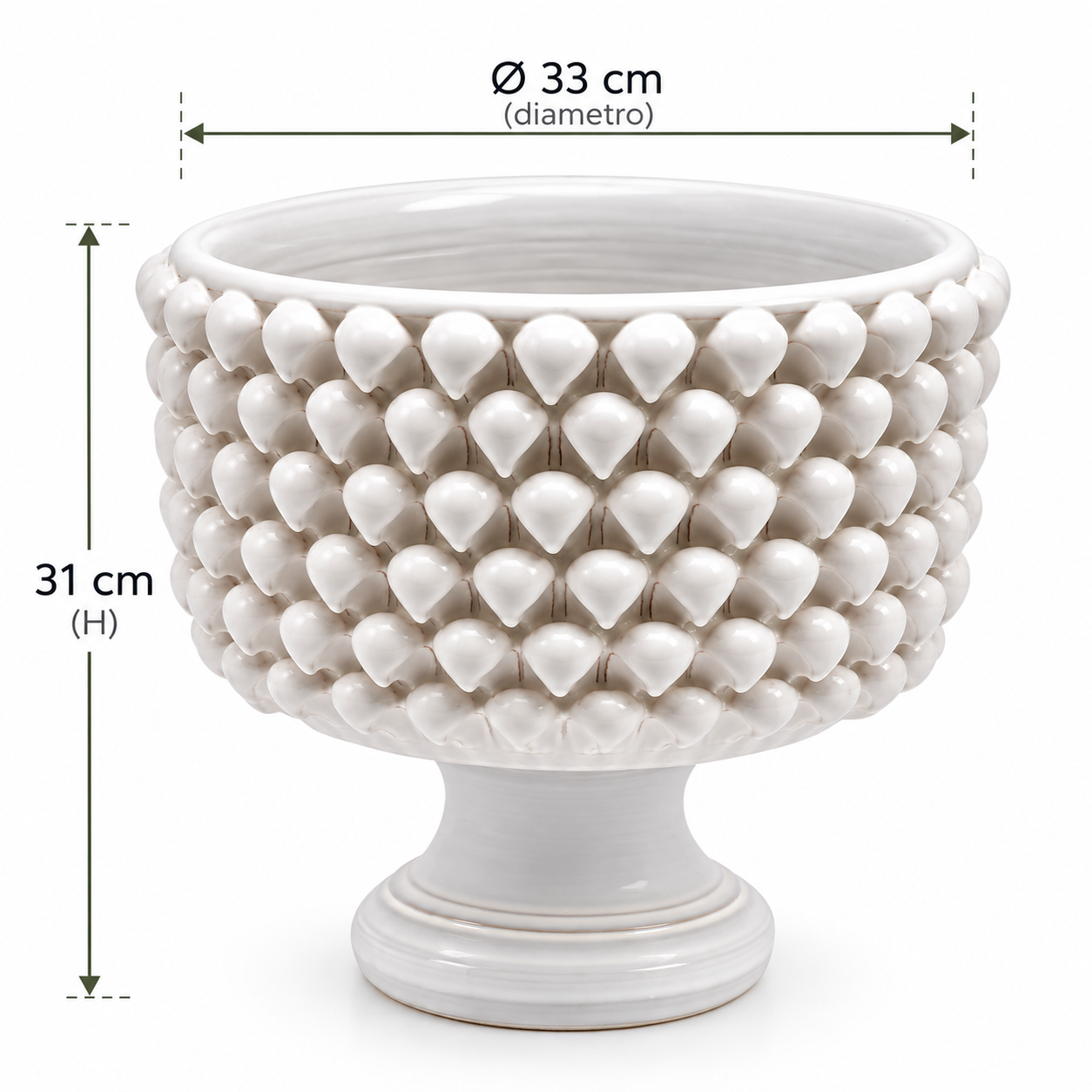 Vaso Ciotola Fenice Pigna con piede EDG Enzo De Gasperi in ceramica bianca, dimensioni H 31 × Ø 33 cm.
