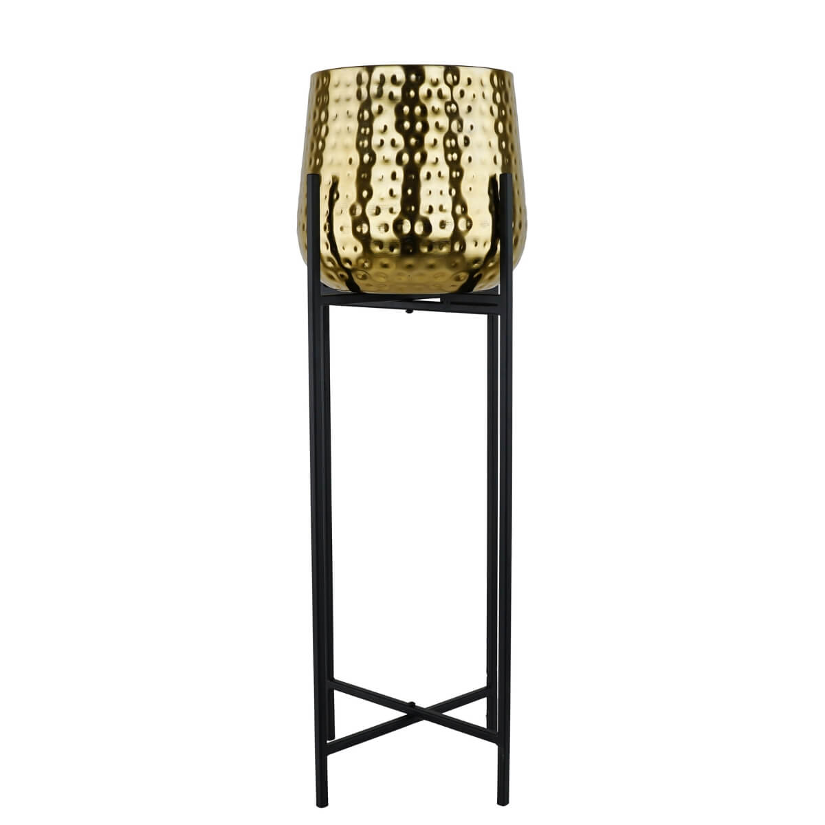 Vaso decorativo in alluminio oro martellato con supporto nero H75 cm
