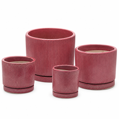 Vaso Glaze Righe Rotondo EDG in Terracotta Corallo H16 con Sottopiatto Integrato