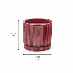 Vaso Glaze Righe Rotondo EDG in Terracotta Corallo H19 con Sottopiatto Integrato