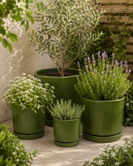 Vaso Glaze Righe Rotondo EDG in Terracotta Verde H19 con Sottopiatto Integrato