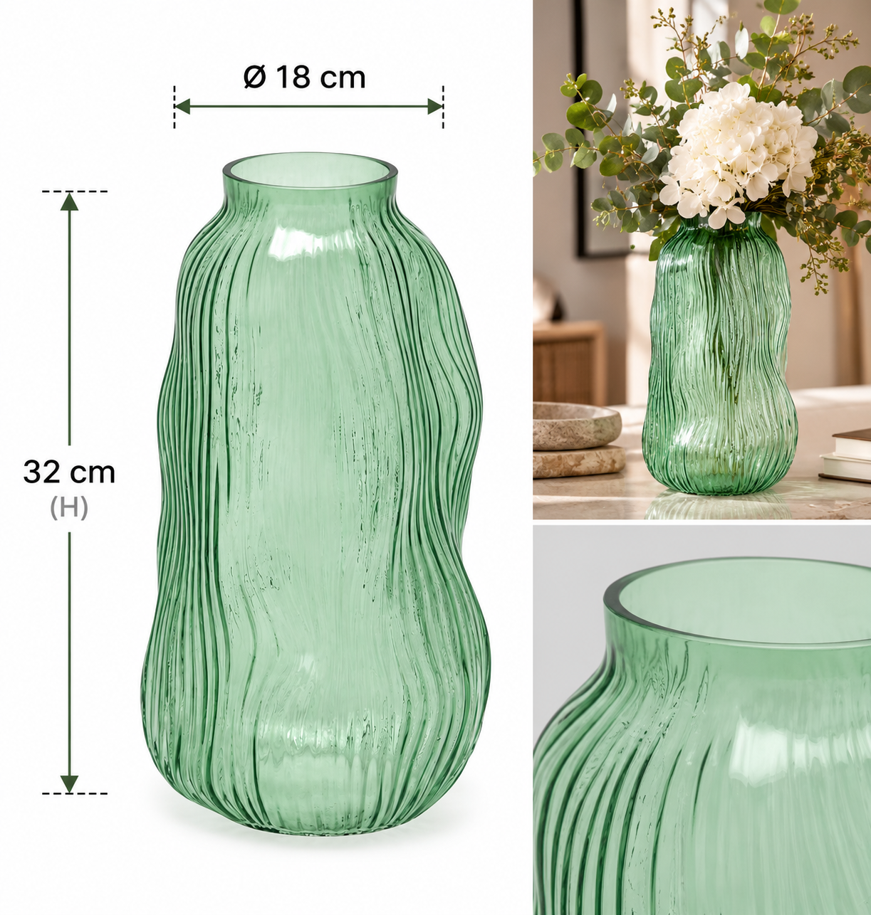 Vaso Millerighe Sinuoso Verde EDG Enzo De Gasperi in vetro con dimensioni H 32 × Ø 18 cm e profilo sinuoso