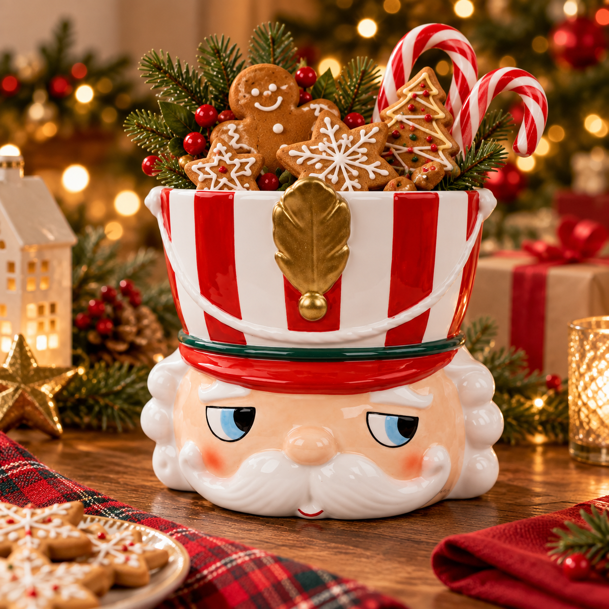 Vaso Schiaccianoci rosso in ceramica ambientato con decorazioni di Natale