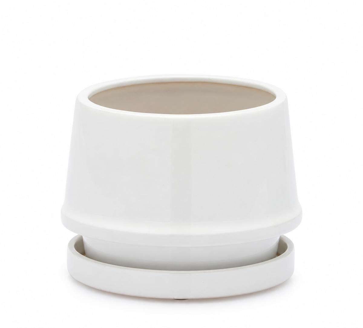 Vaso Trapezio M EDG Enzo De Gasperi in ceramica bianca H 16,5 × Ø 20,5 cm con sottopiatto coordinato