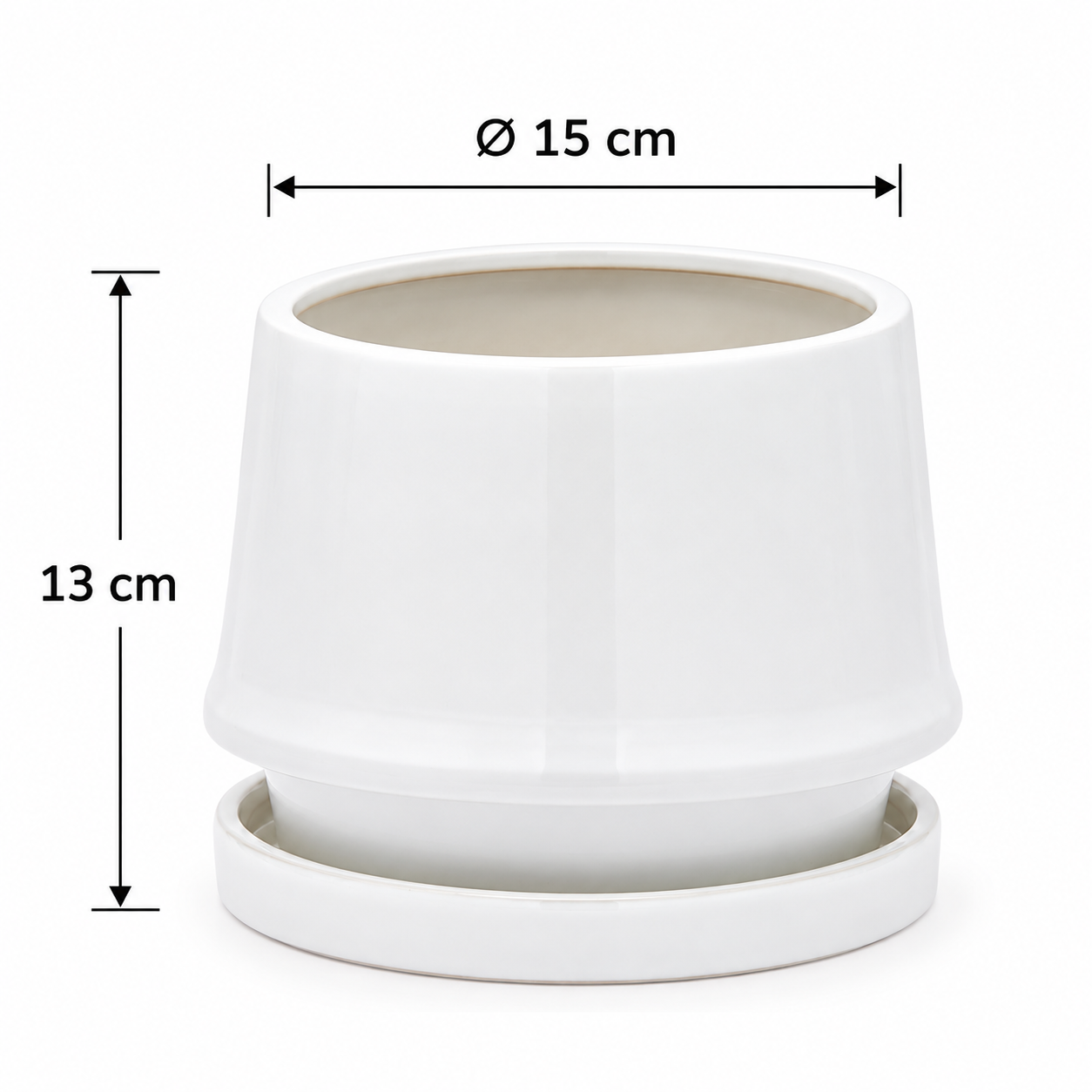 Vaso Trapezio S EDG Enzo De Gasperi in ceramica bianca con sottopiatto e dimensioni H 13 × Ø 15 cm