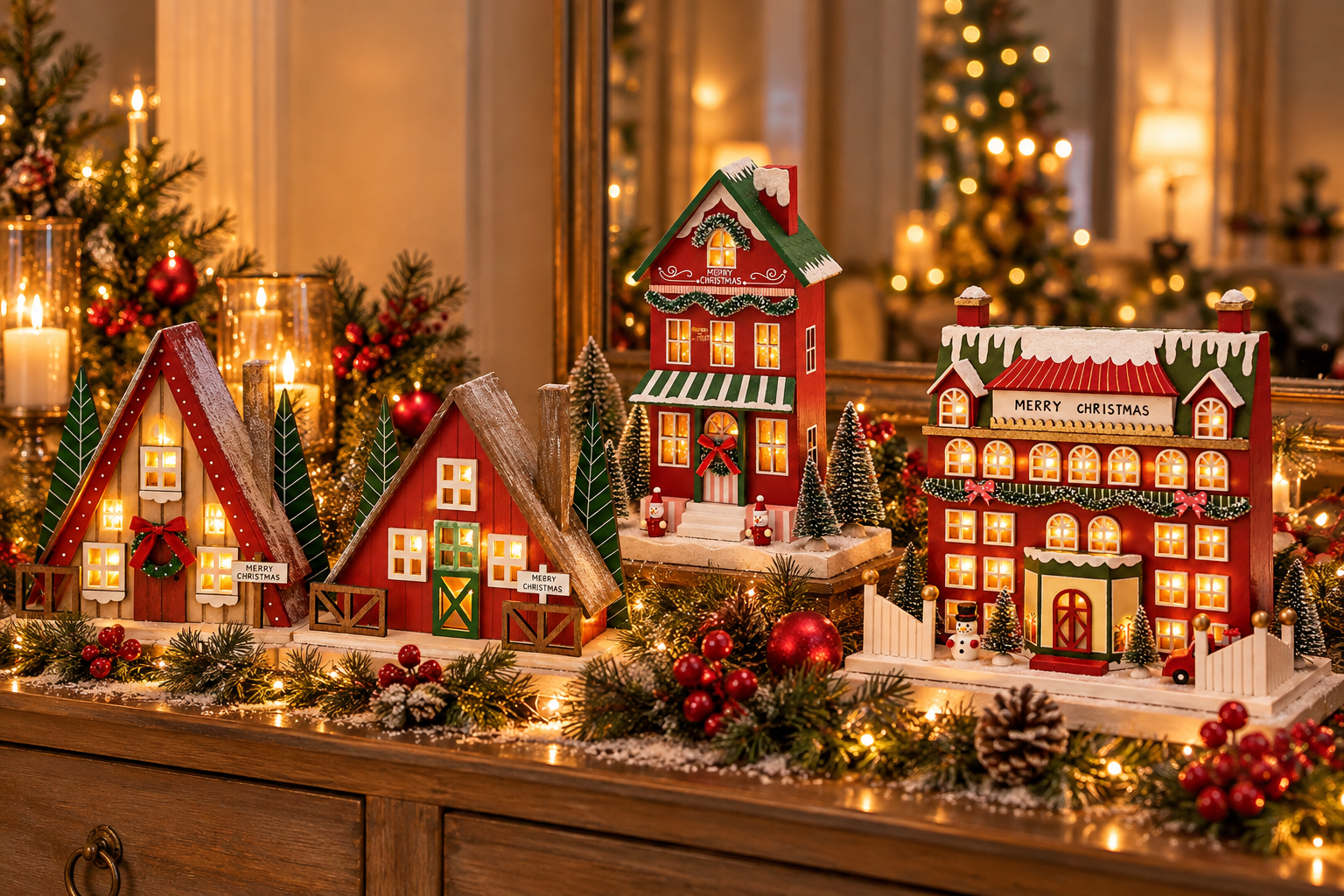 Villaggio natalizio luminoso EDG Enzo De Gasperi Exclusive con cinque casette LED in legno, abeti innevati, decorazioni rosse e luci calde, ambientato.